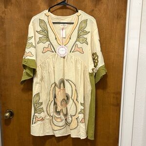541. Umgee Cream Tunic with Olive & Peach Embroidery